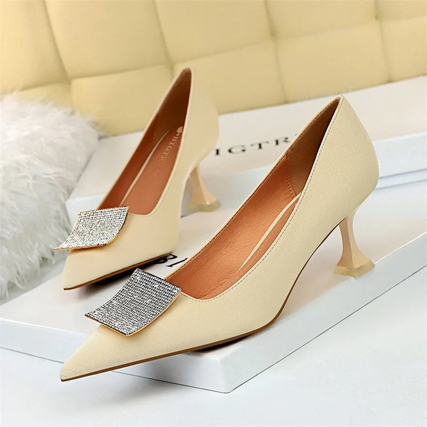 Amozae- Women Soft Leather Cat Heels 6cm Shoes Elegant Pointy Toe Metal Crystal Buckle Woman Pumps   Slim Banquet Ladies Office Shoes