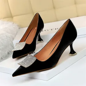 Amozae- Women Soft Leather Cat Heels 6cm Shoes Elegant Pointy Toe Metal Crystal Buckle Woman Pumps   Slim Banquet Ladies Office Shoes