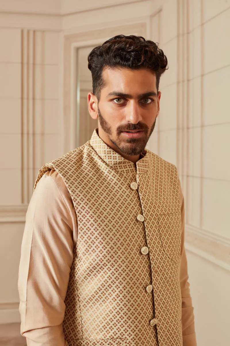 Beige Brocade Kurta Bundi Set