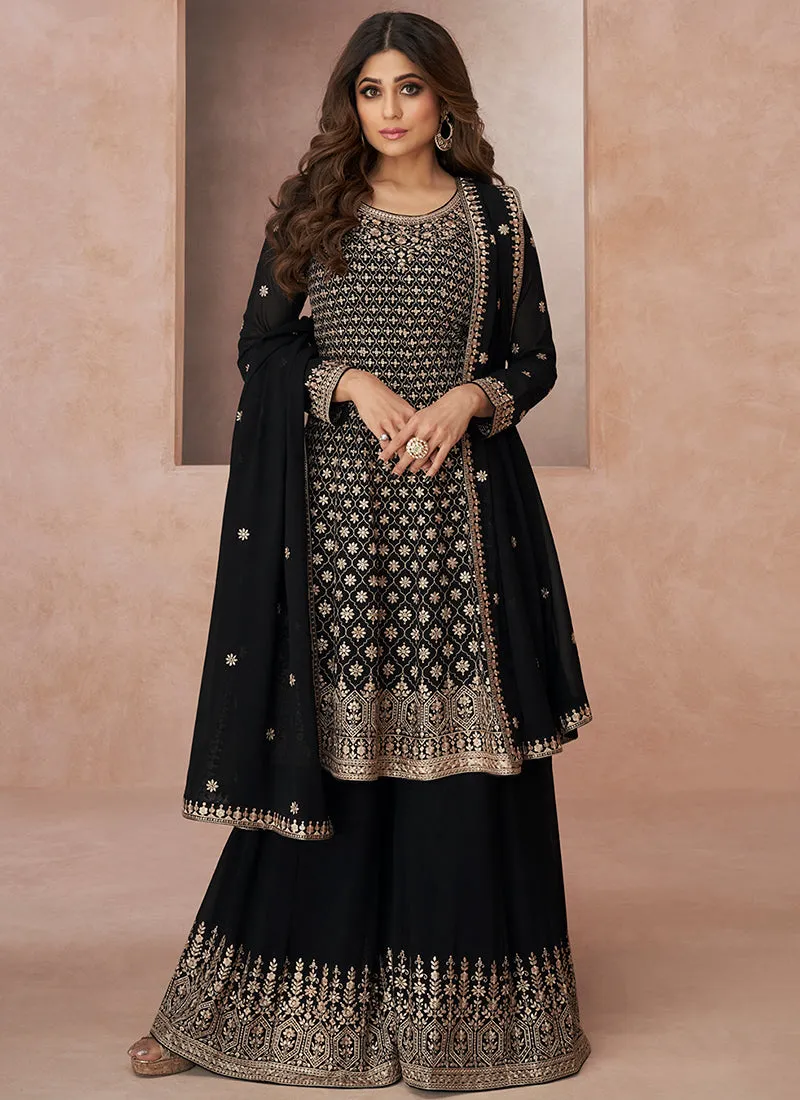 Black Embroidery Festive Anarkali Palazzo Suit