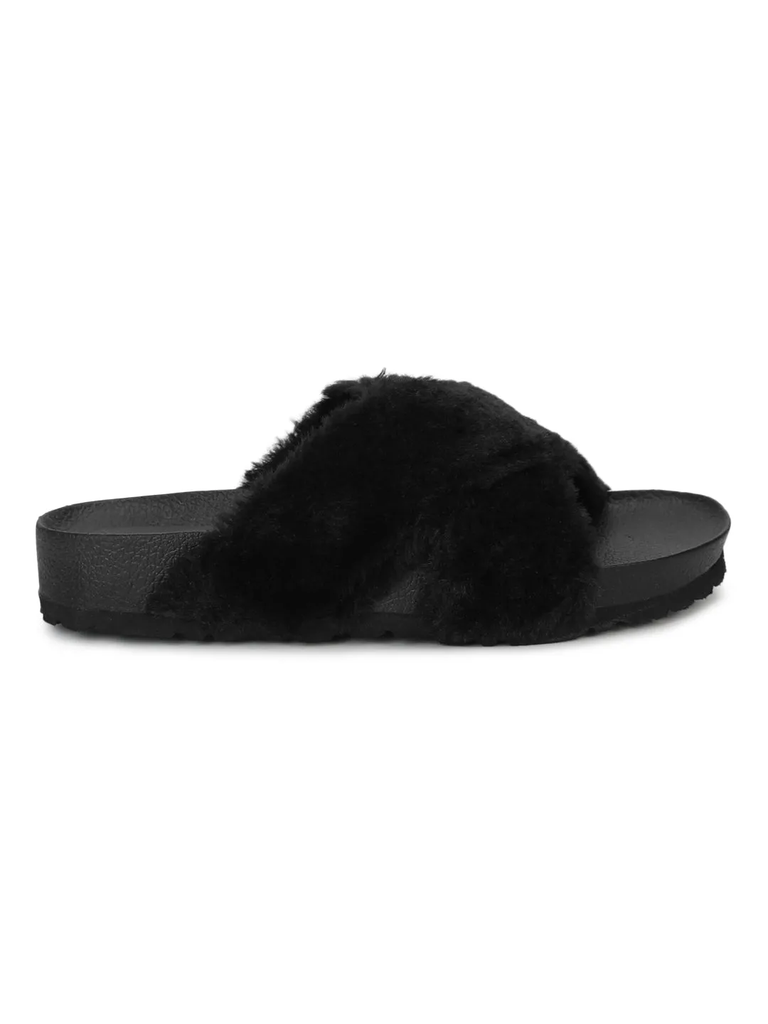 Black Fuzzy Fur Slides