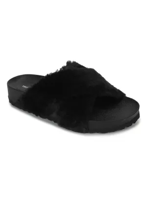 Black Fuzzy Fur Slides