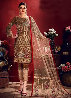 Brown Beige Embroidered Pakistani Pants Suit