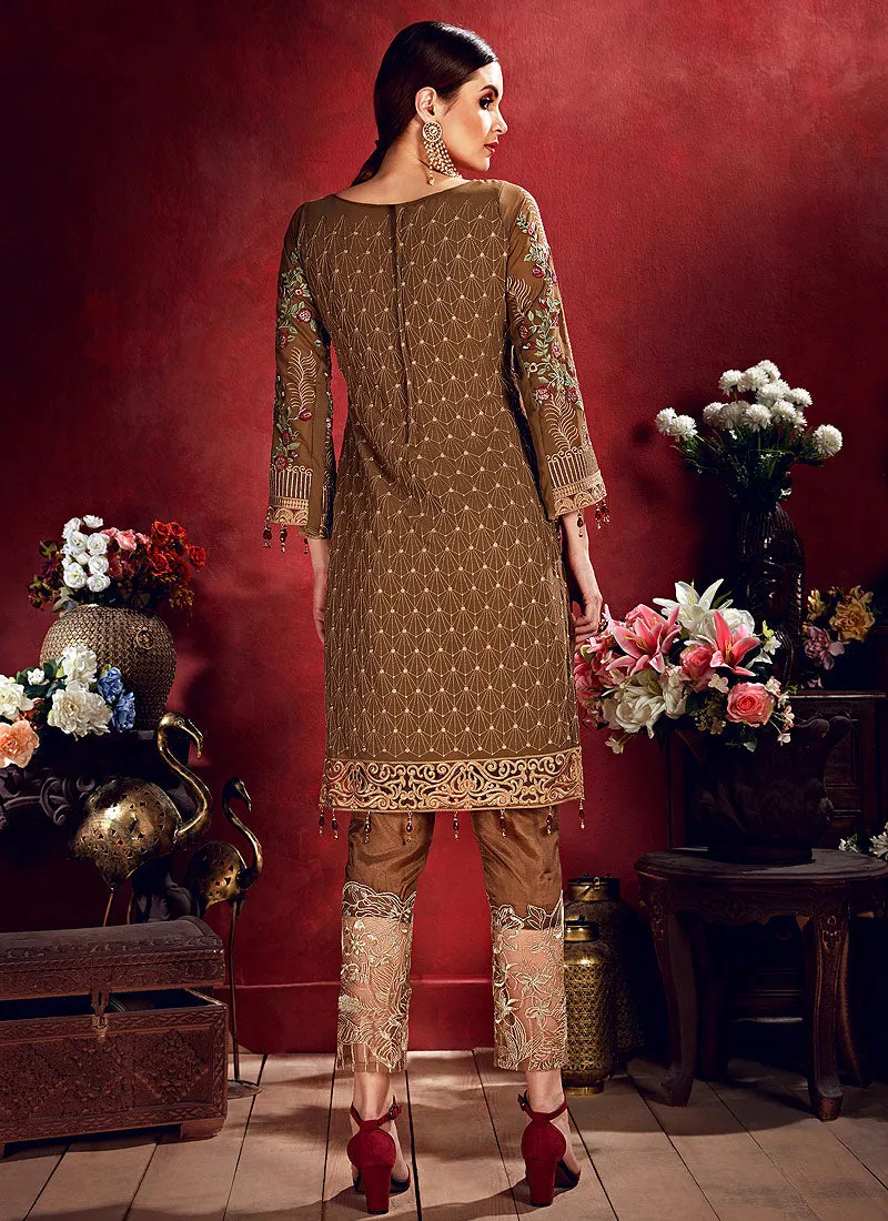 Brown Beige Embroidered Pakistani Pants Suit