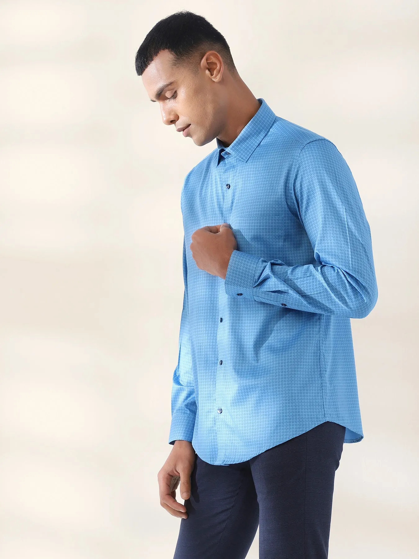 Cotton Blue Printed Full Sleeve Formal Shirt