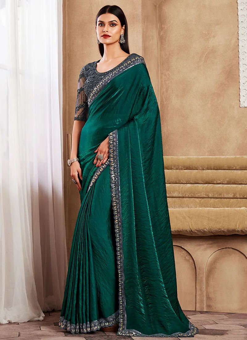 Dark Green Two Tone Sequence Wedding Silk Saree