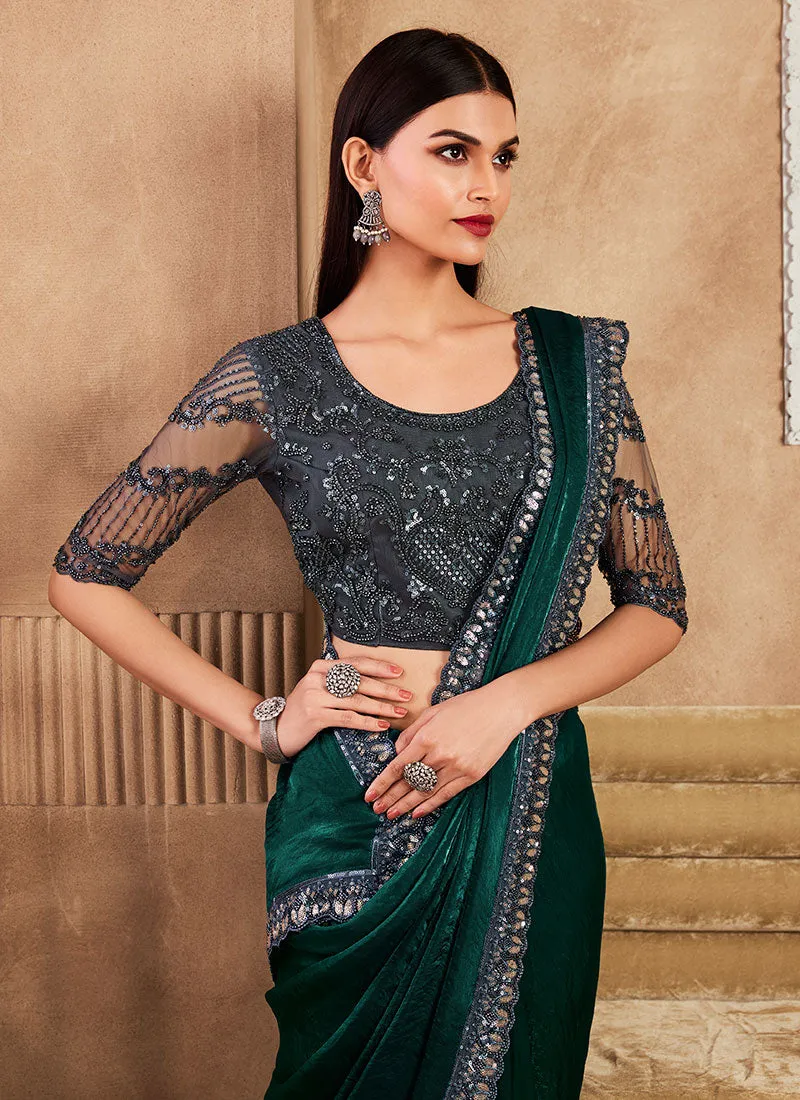 Dark Green Two Tone Sequence Wedding Silk Saree