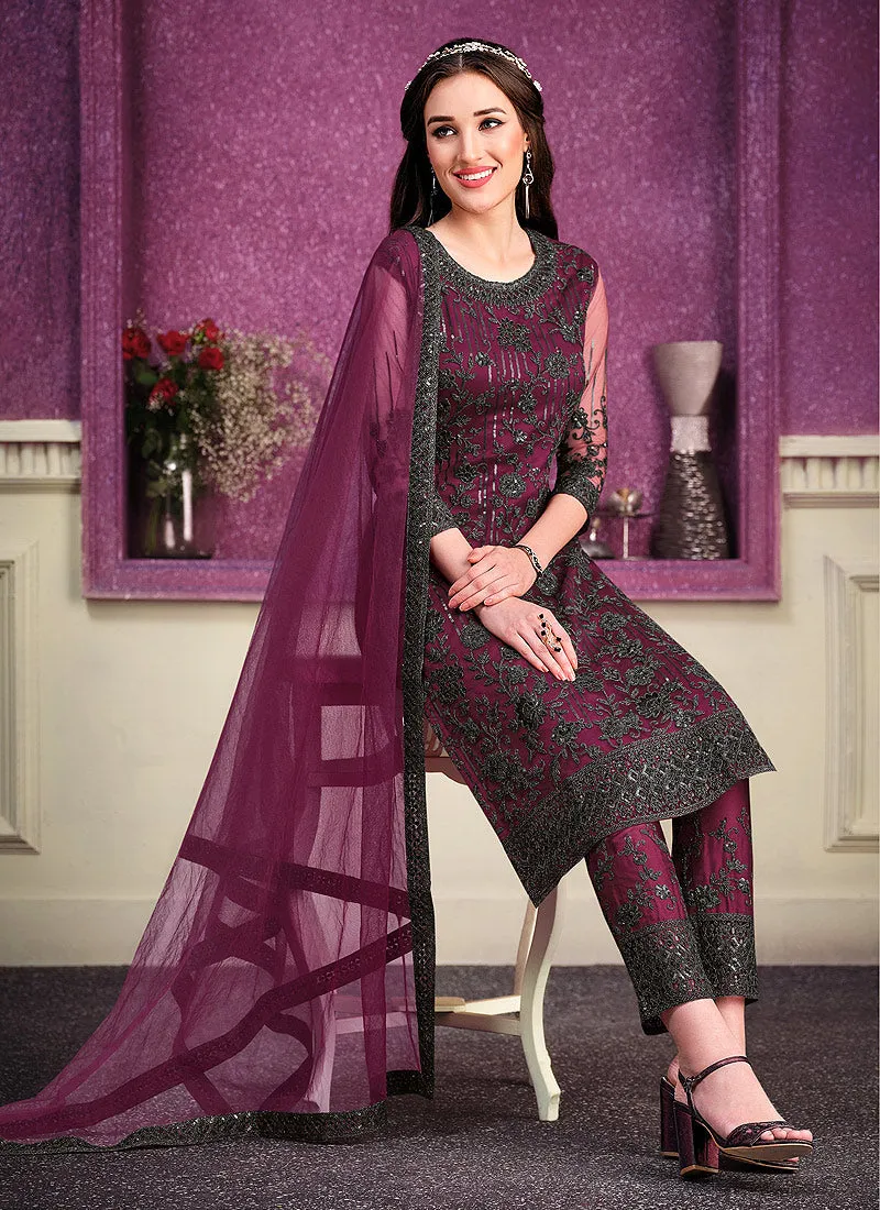 Deep Wine Designer Embroidered Pant Style Suit