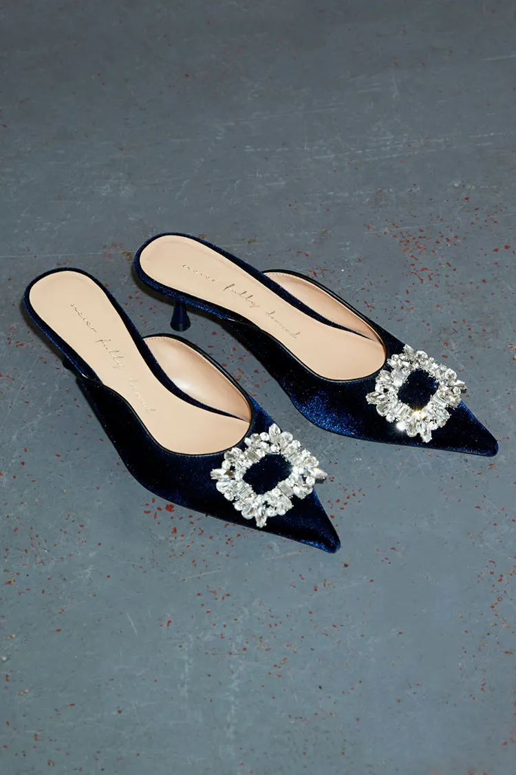 Embellished Navy Velvet City Mules