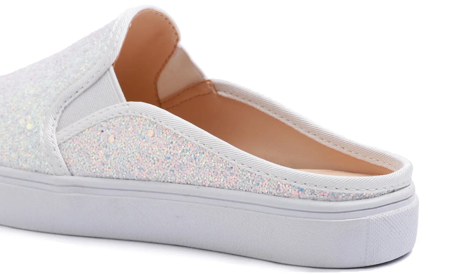 Feversole Women's Sport Mules Slip On Loafers Fashion Backless Sneakers White Glitter