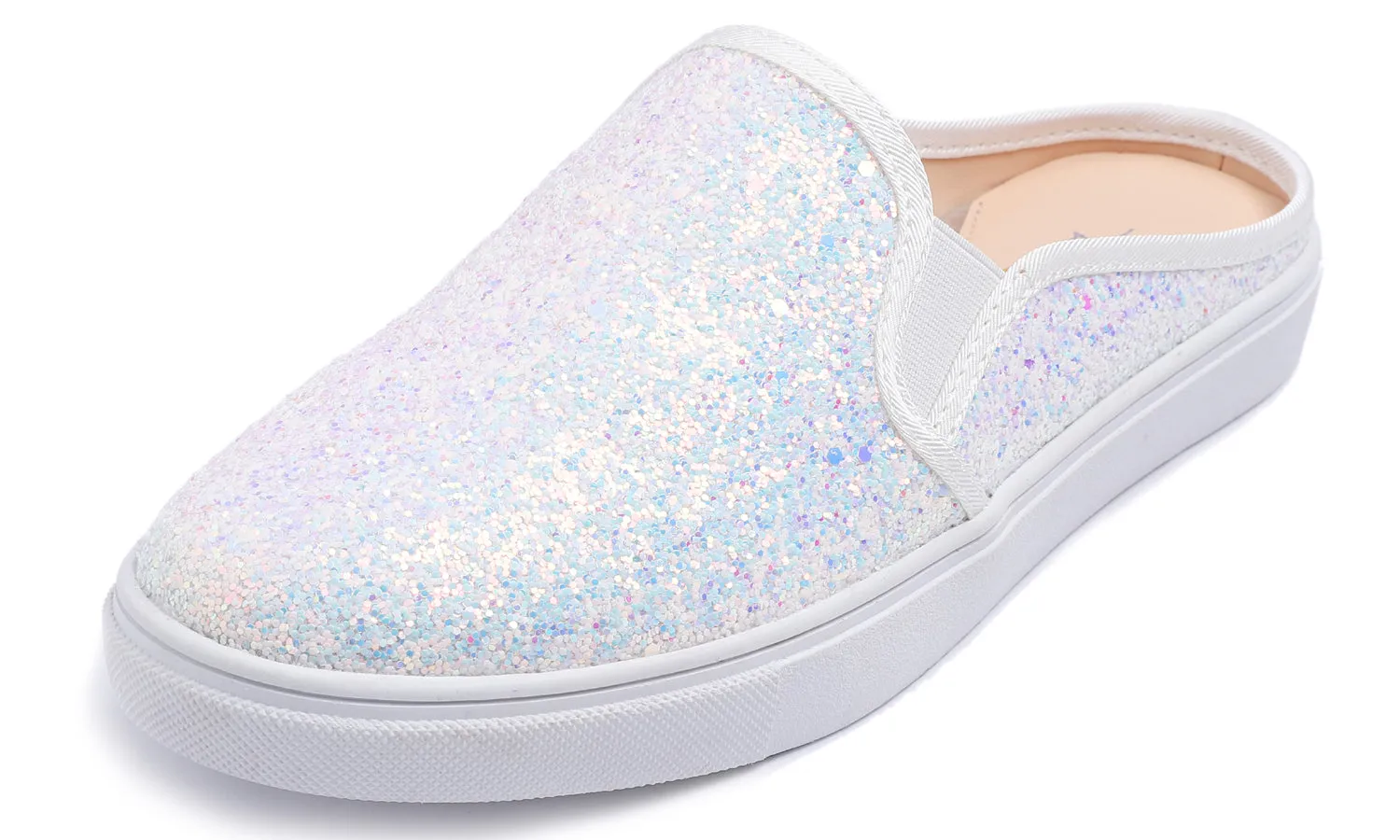 Feversole Women's Sport Mules Slip On Loafers Fashion Backless Sneakers White Glitter