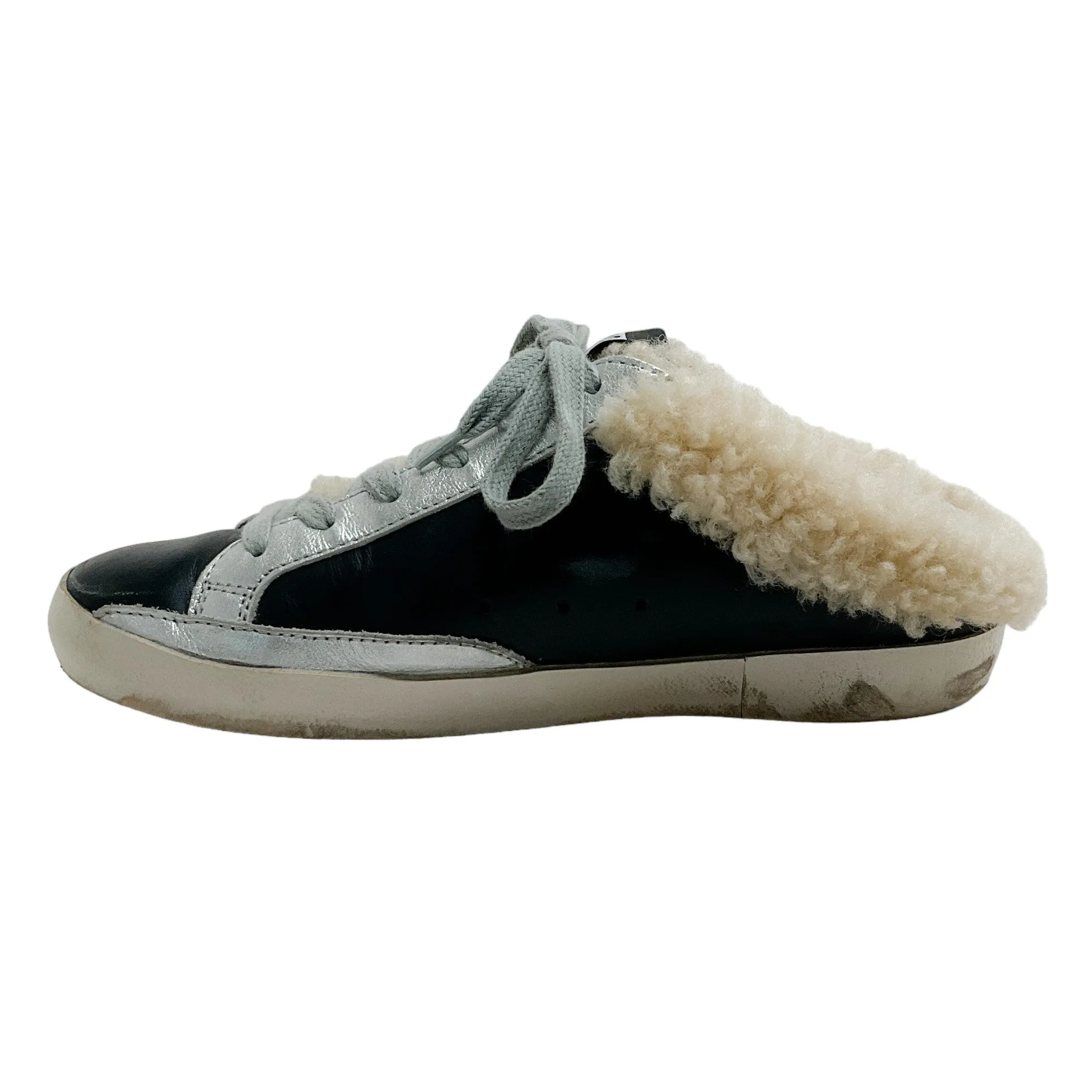 Golden Goose Deluxe Brand Black / SIlver Shearling Lined Sneaker Mules