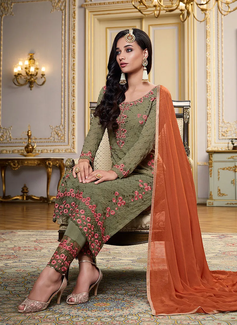 Green And Orange Embroidery Pant Suit