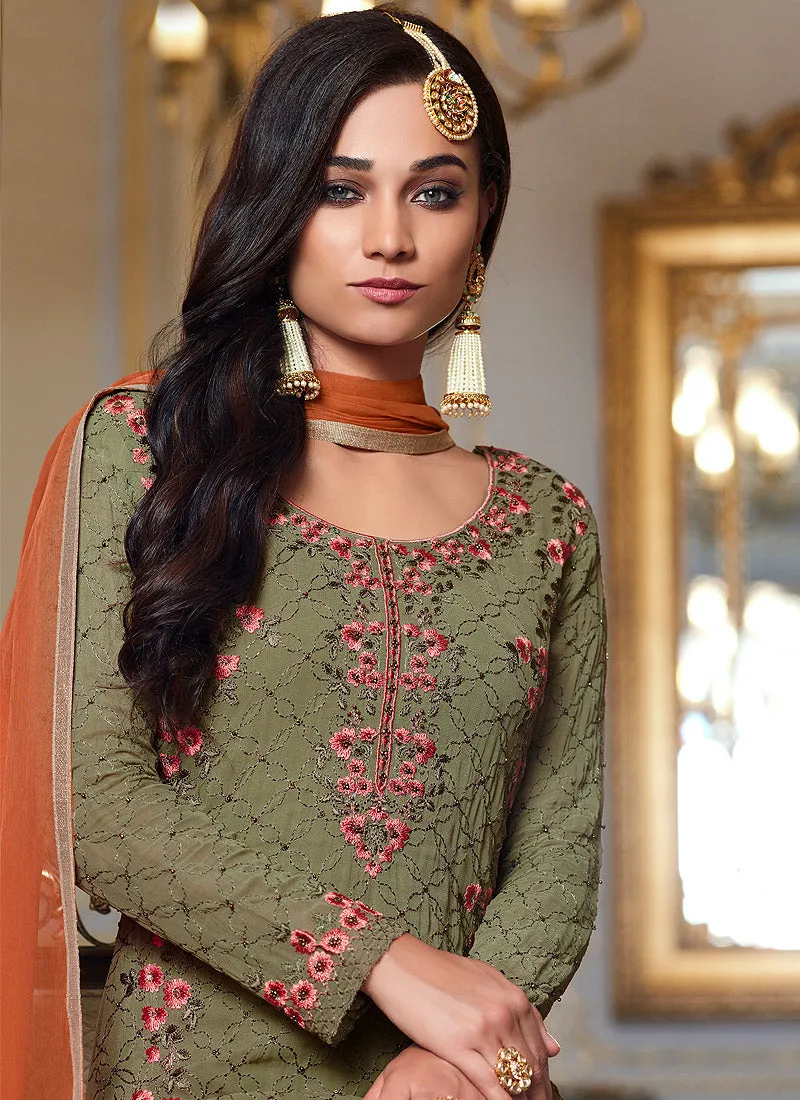 Green And Orange Embroidery Pant Suit