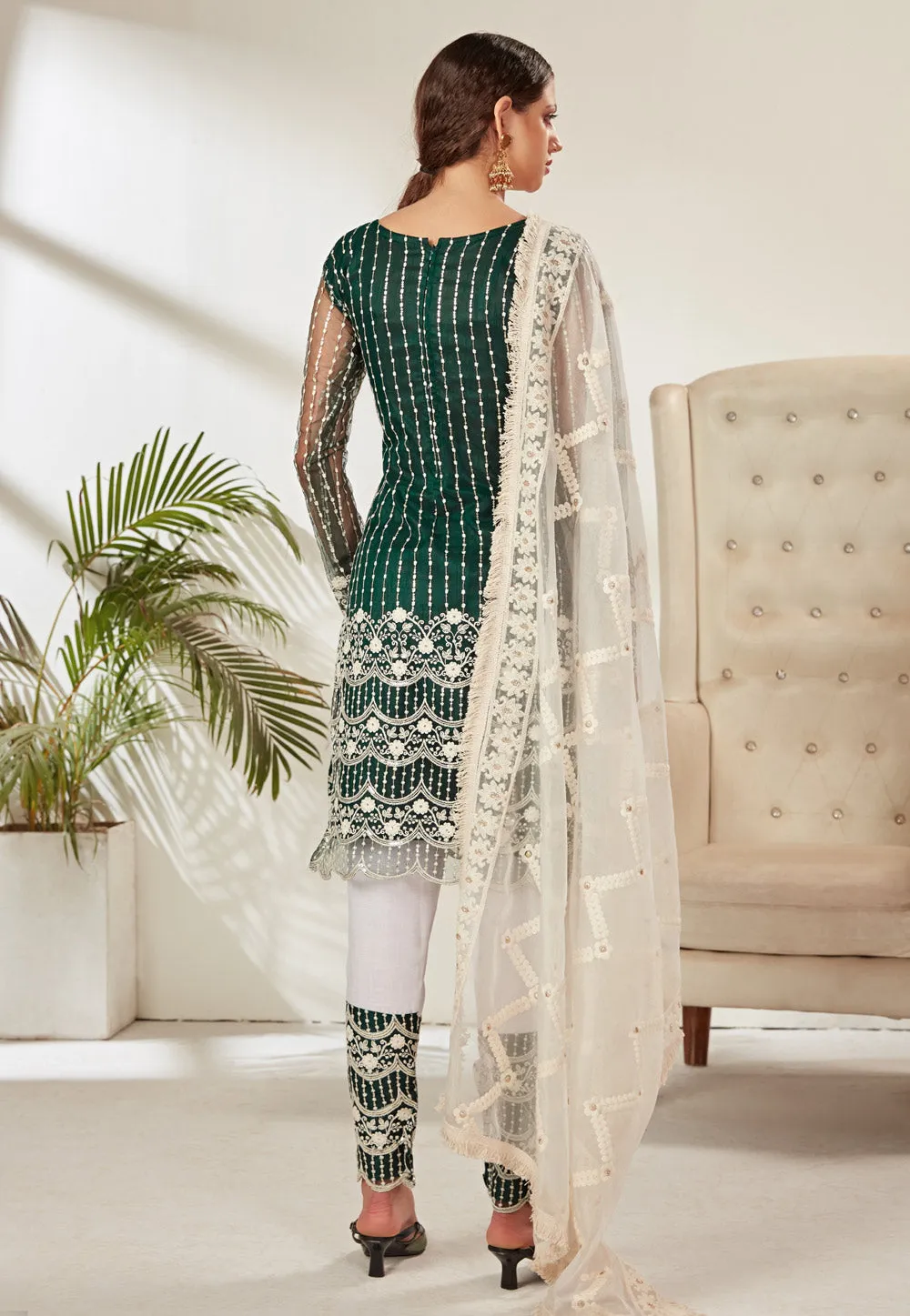 Green And White Embroidered Pant Suit