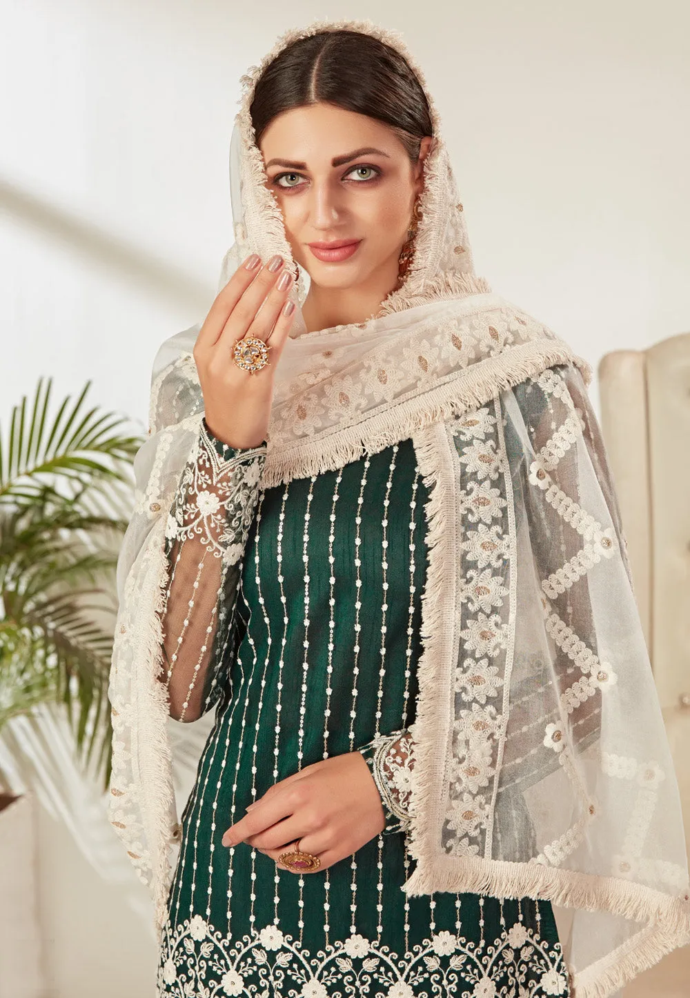 Green And White Embroidered Pant Suit