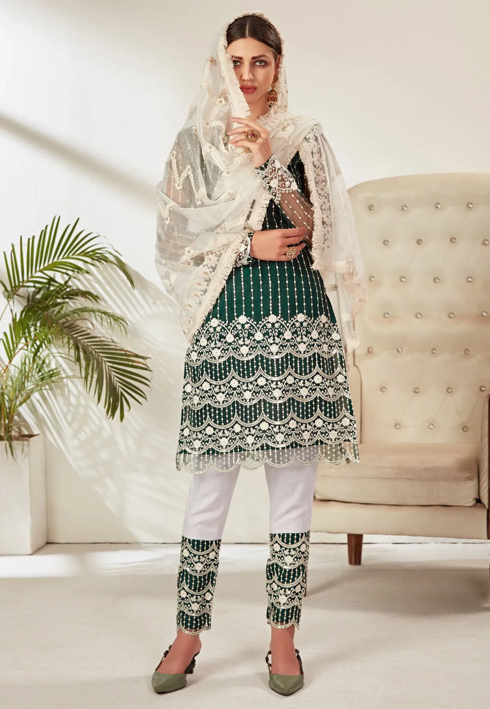 Green And White Embroidered Pant Suit