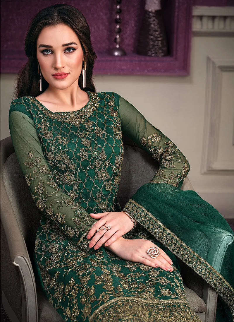 Green Golden Designer Embroidered Pant Style Suit