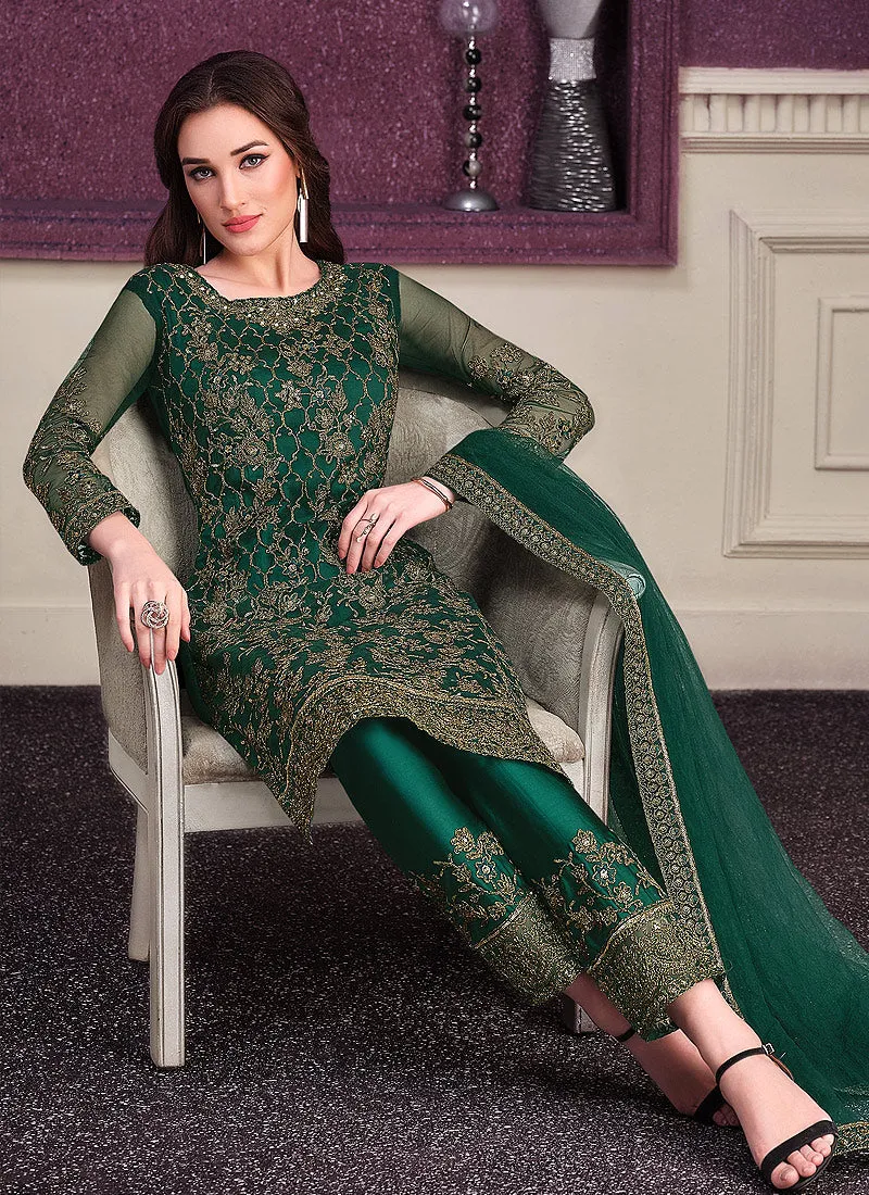 Green Golden Designer Embroidered Pant Style Suit