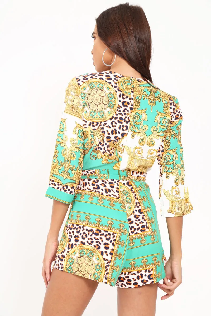 Green Scarf Print Tie Waist Playsuit - Kaye