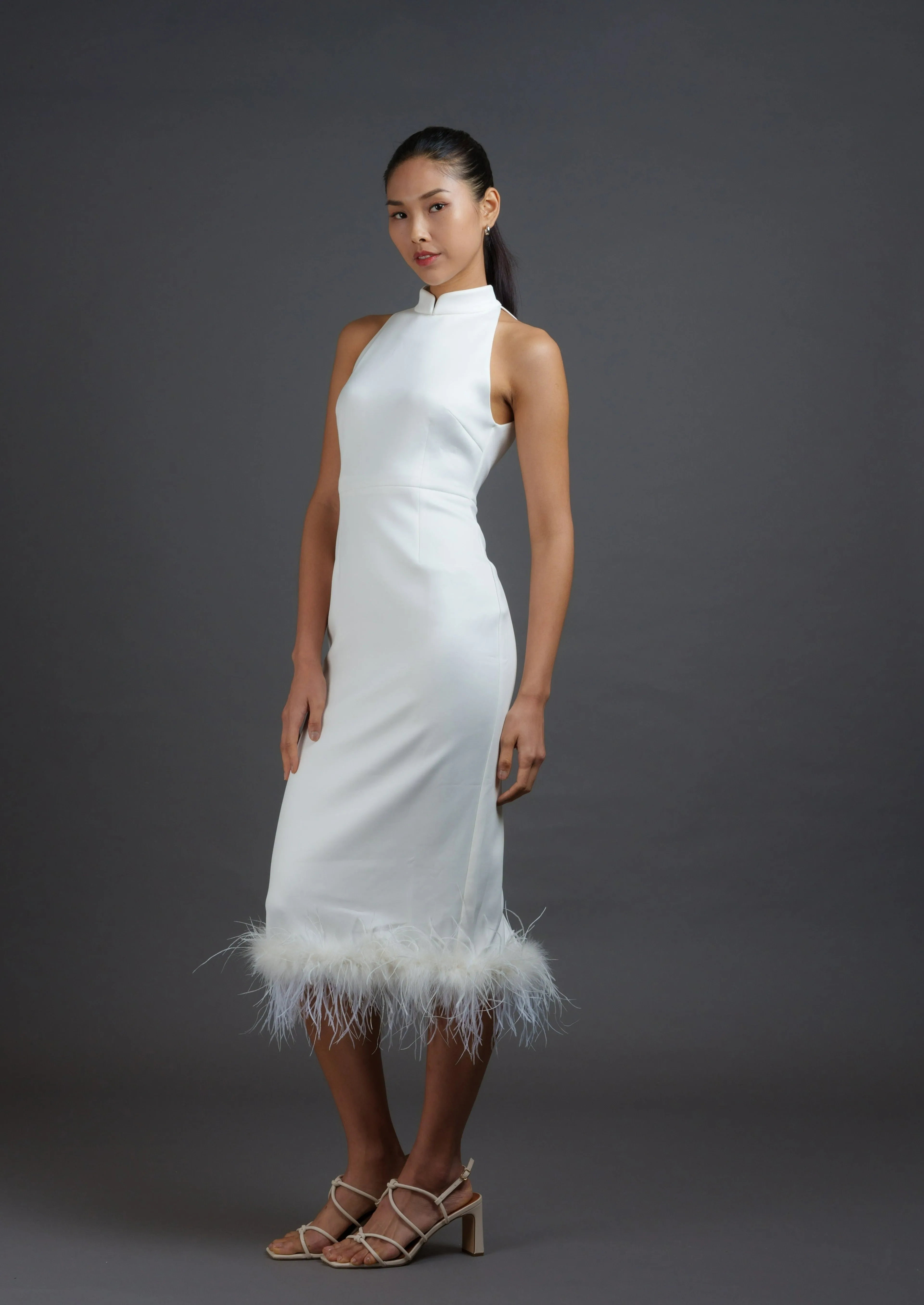 Halter Qipao w Feather (White)