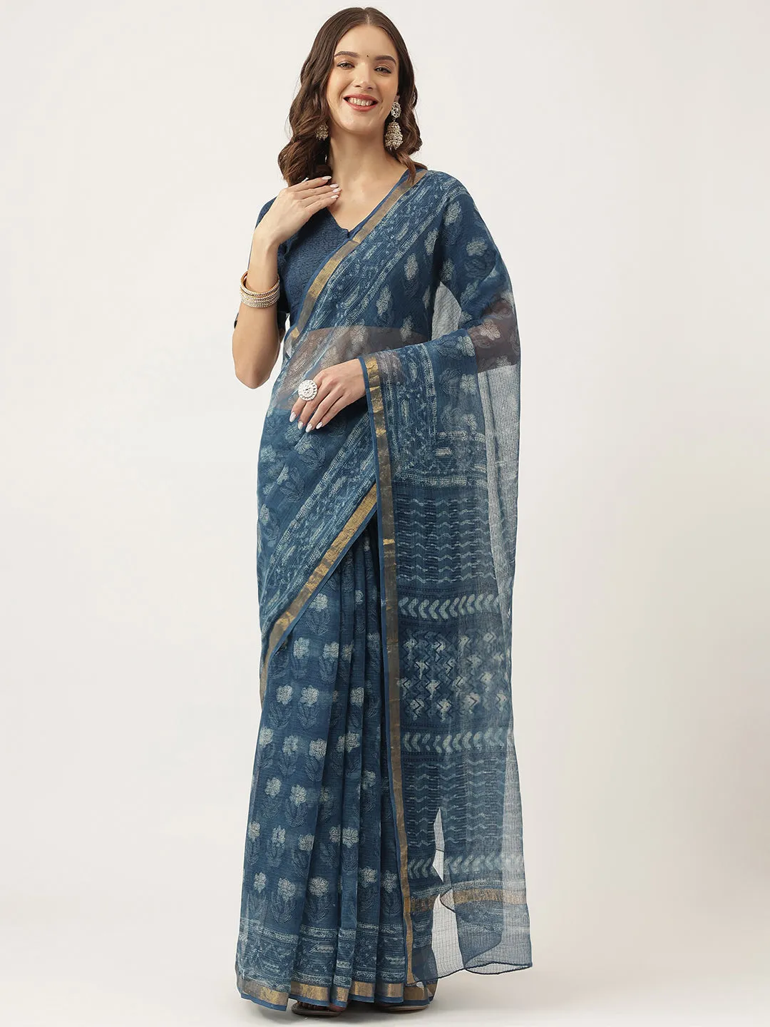 Indigo Blue Hand Block Kota Doria Saree