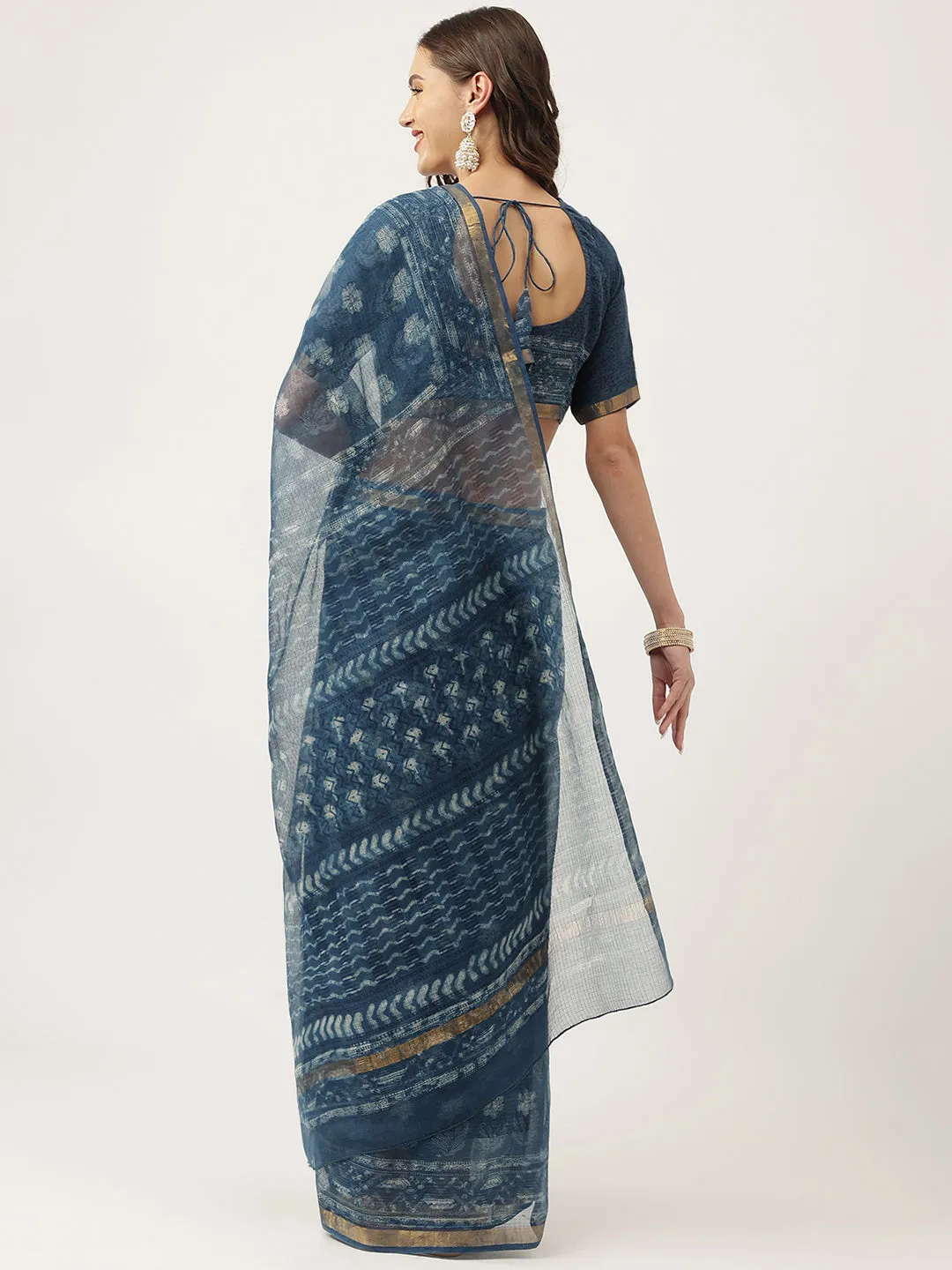 Indigo Blue Hand Block Kota Doria Saree