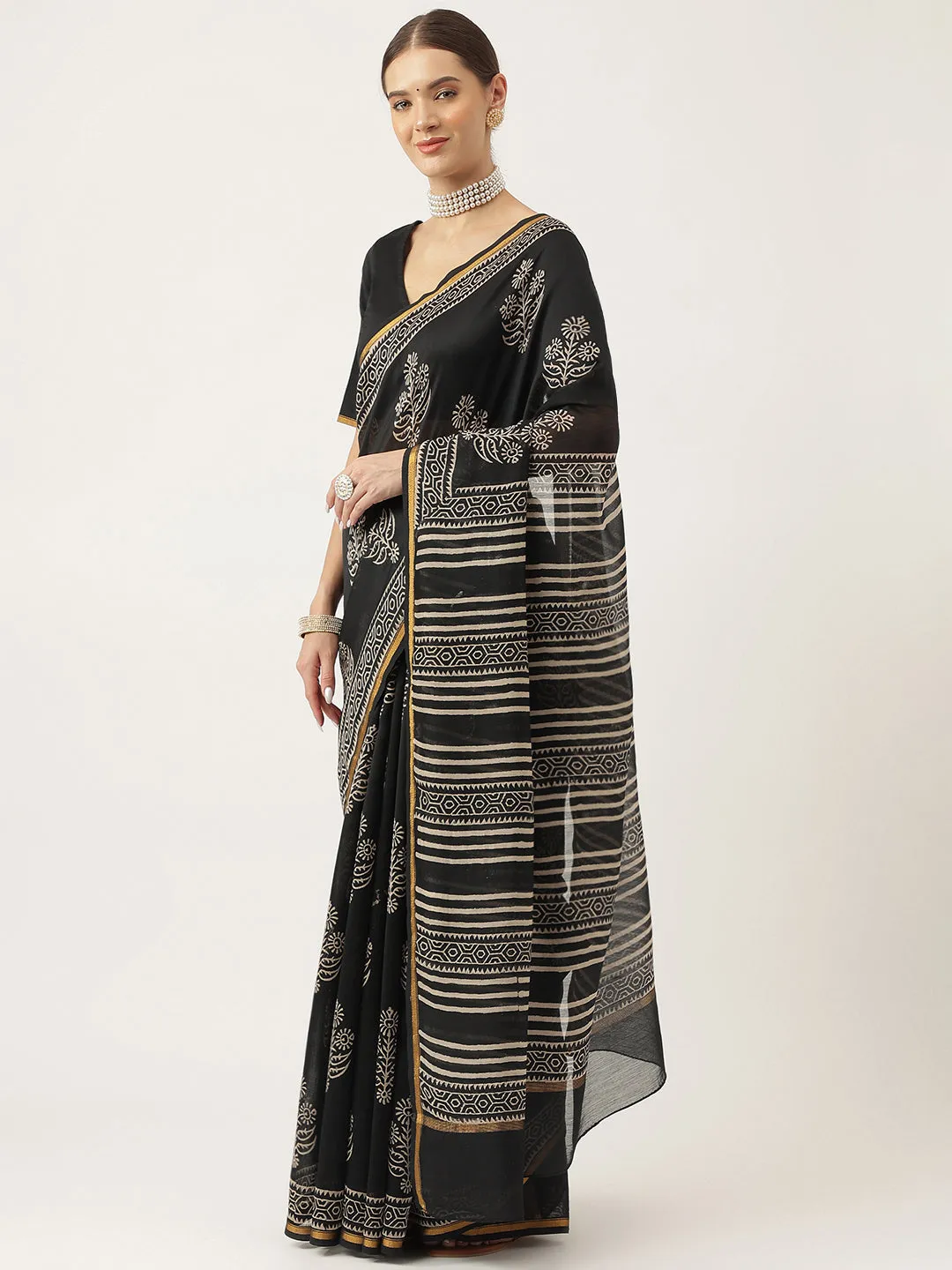 Jashvi Black HandBlock Chanderi Silk Saree