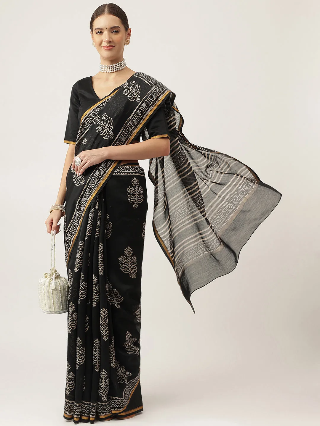 Jashvi Black HandBlock Chanderi Silk Saree