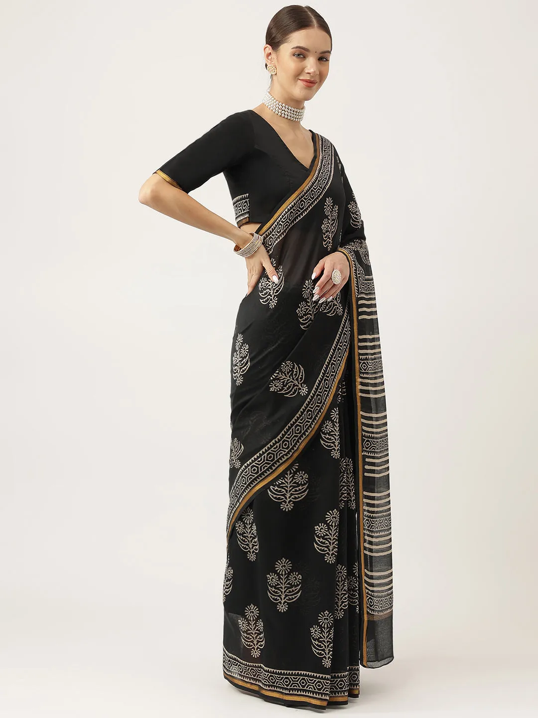 Jashvi Black HandBlock Chanderi Silk Saree