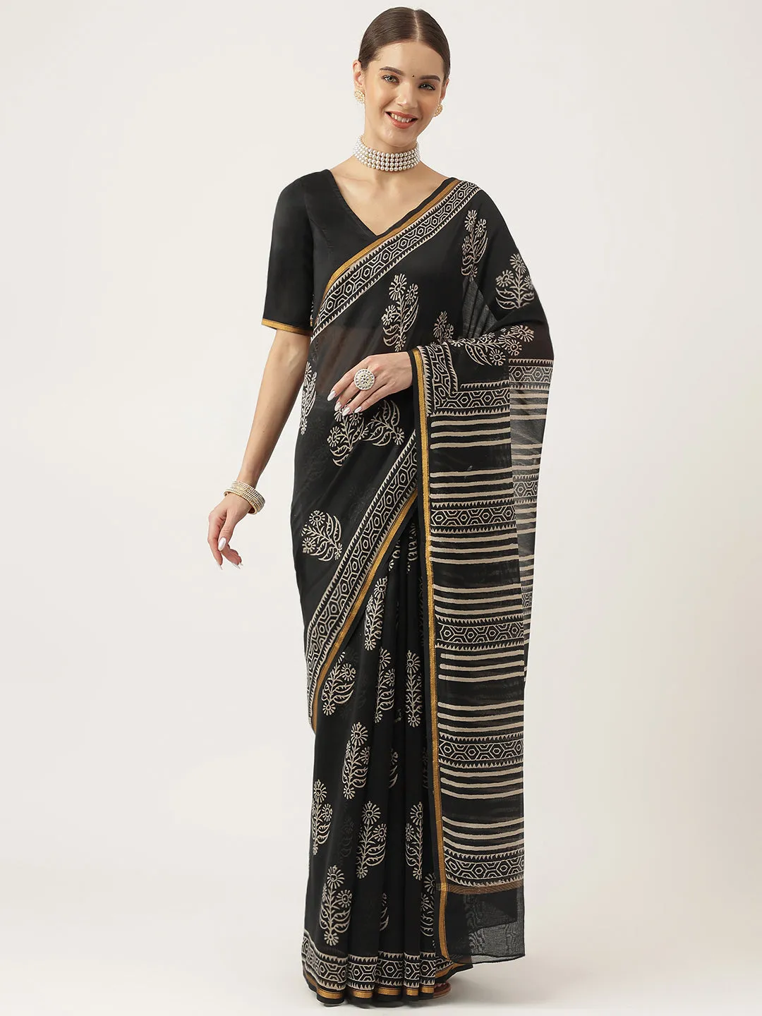 Jashvi Black HandBlock Chanderi Silk Saree