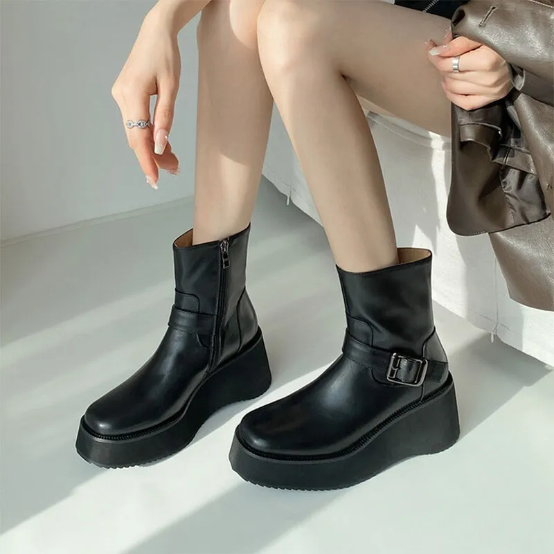 Leather Platform Wedge Boots 70mm Heeled with Buckle and Size Zipper in Black