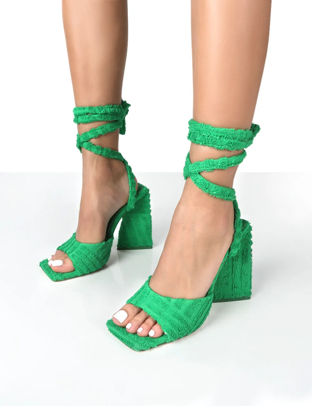 Mojito Green Towelling Lace Up Pyramid Block Heels