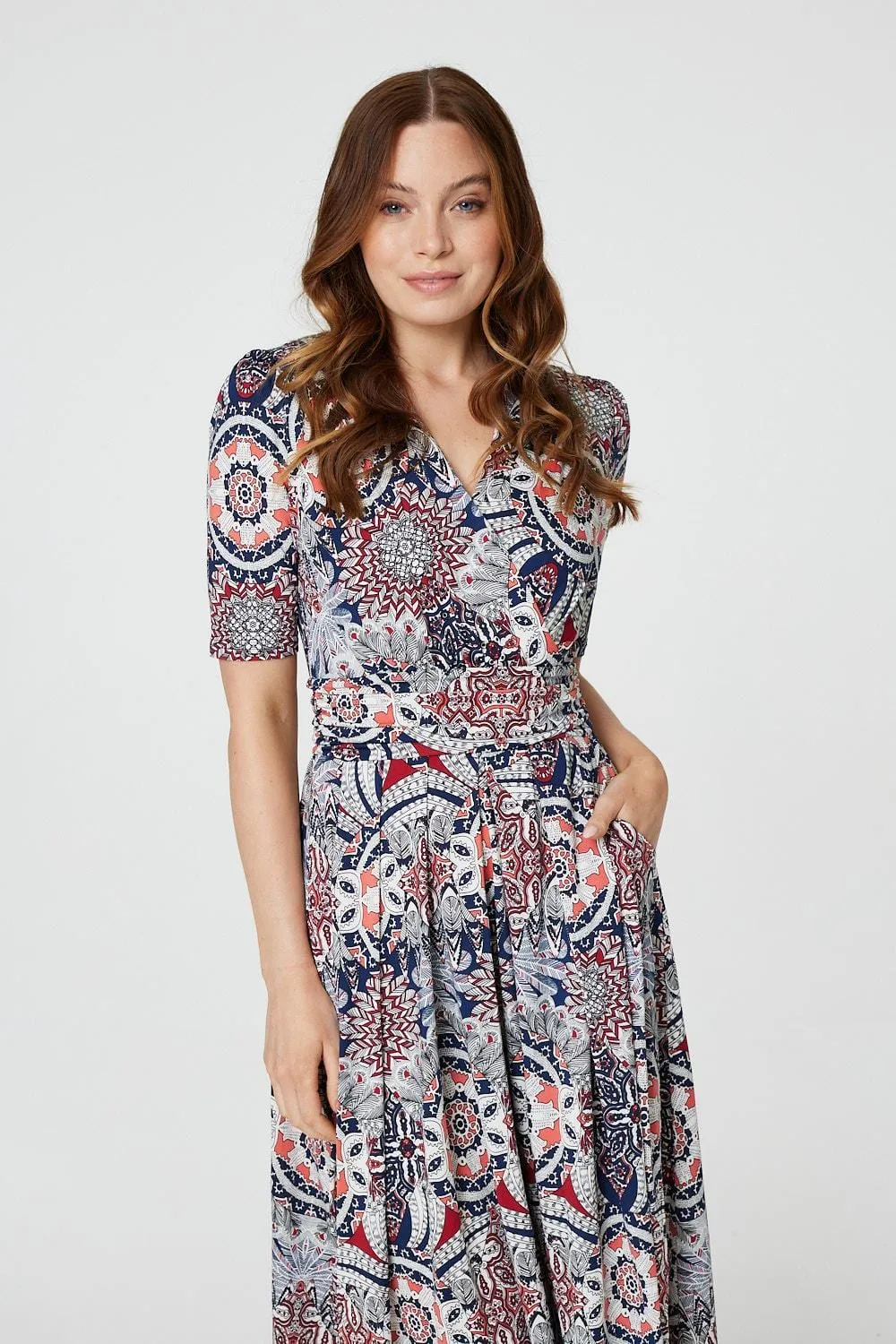 Mosaic Print Ruched Midi Dress