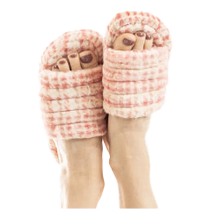 Pink Houndstooth Faux Fur Slippers