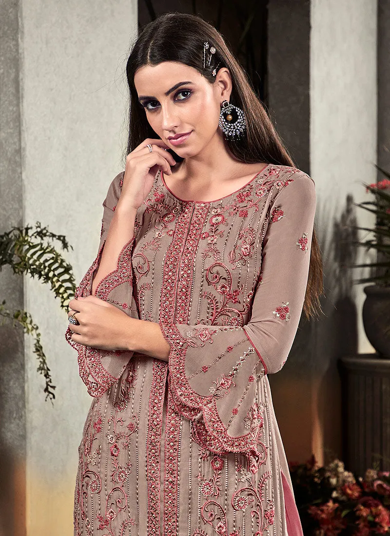 Pink Two Tone Floral Embroidered Palazzo Suit