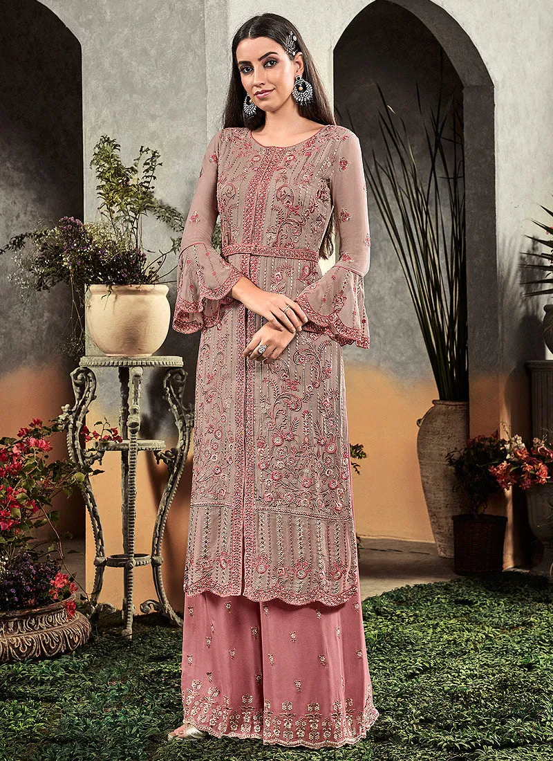 Pink Two Tone Floral Embroidered Palazzo Suit