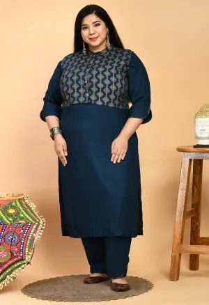 Plus Size Lustrous Gold & Teal Jacket Kurta Pant Set