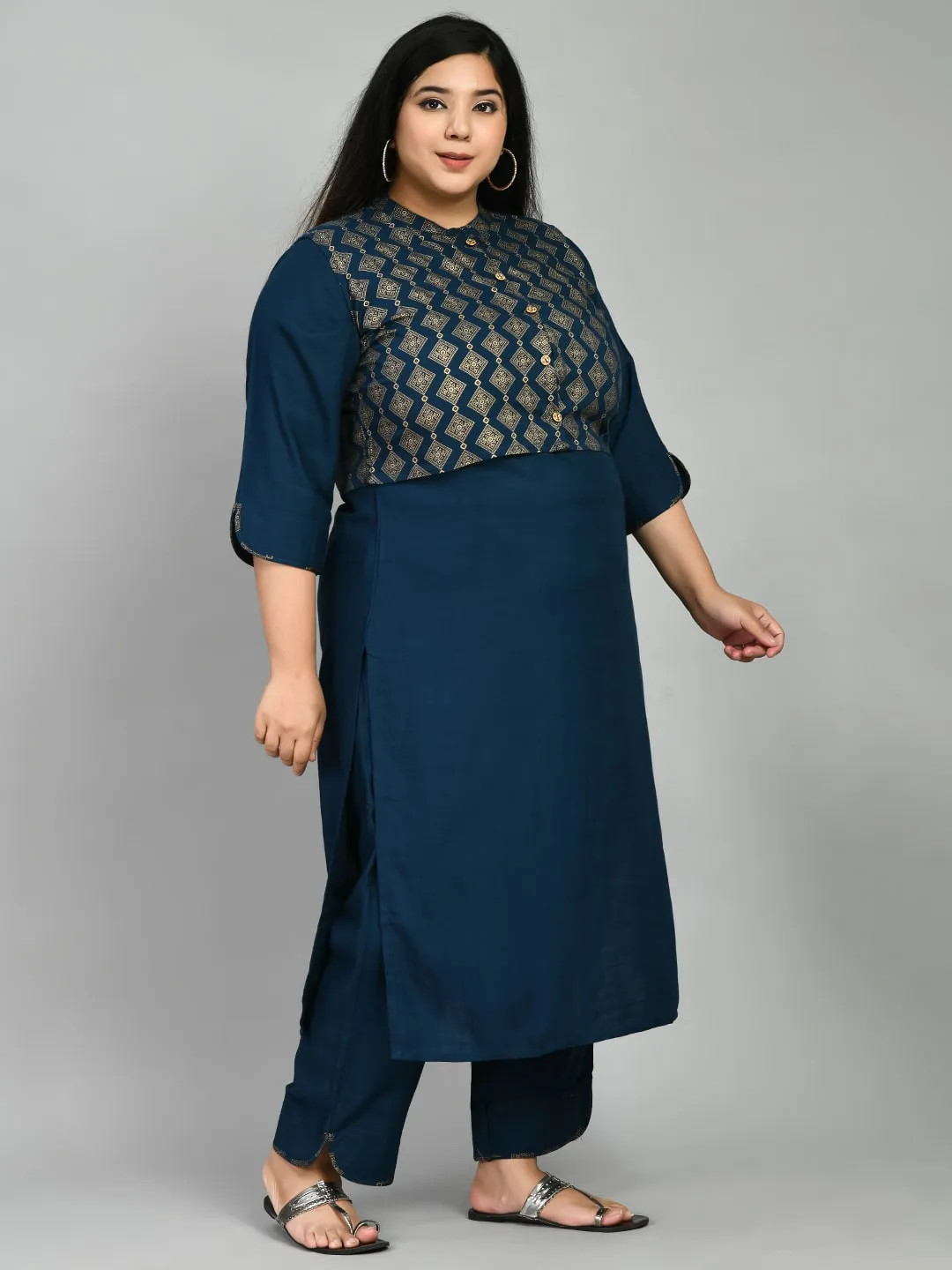 Plus Size Lustrous Gold & Teal Jacket Kurta Pant Set