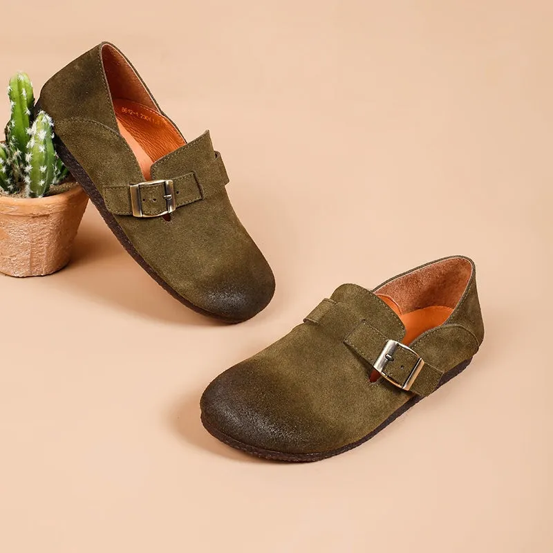 Retro Suede Leather Loafers for Women Buckle-fastening Monk Shoes 6 Colors