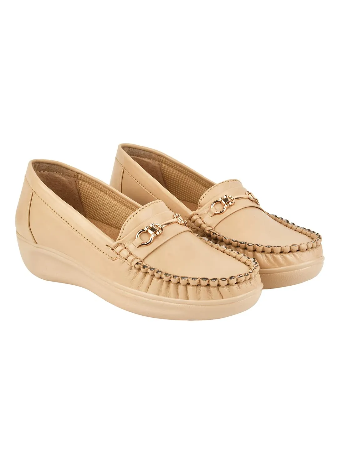 Shoetopia Upper Metalic Buckle Detailed Beige Loafers for Women & Girls /UK6