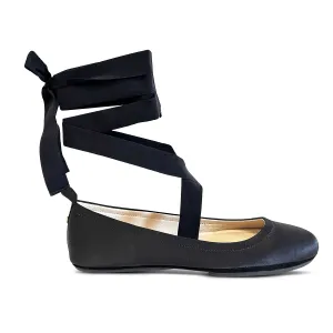 Simone Ankle Wrap Flats in Black Satin