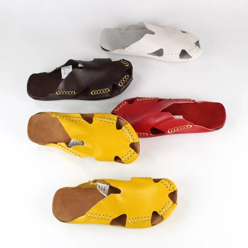 Soft Leather Summer Slippers Close Toe Handmade in Yellow/White/Red/Coffee