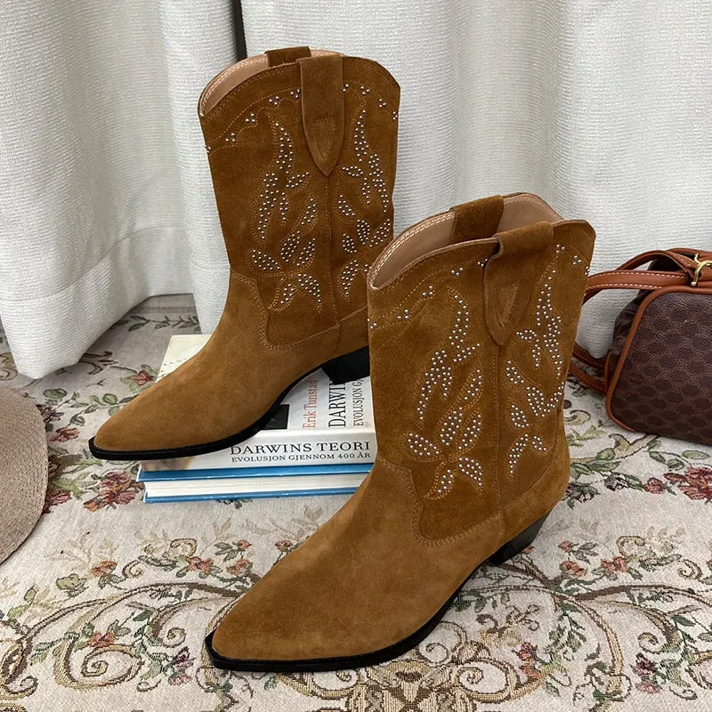 Vintage Suede Leather Womens Embroidered Western Boots Block Heel Short Boots