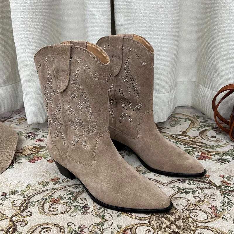 Vintage Suede Leather Womens Embroidered Western Boots Block Heel Short Boots