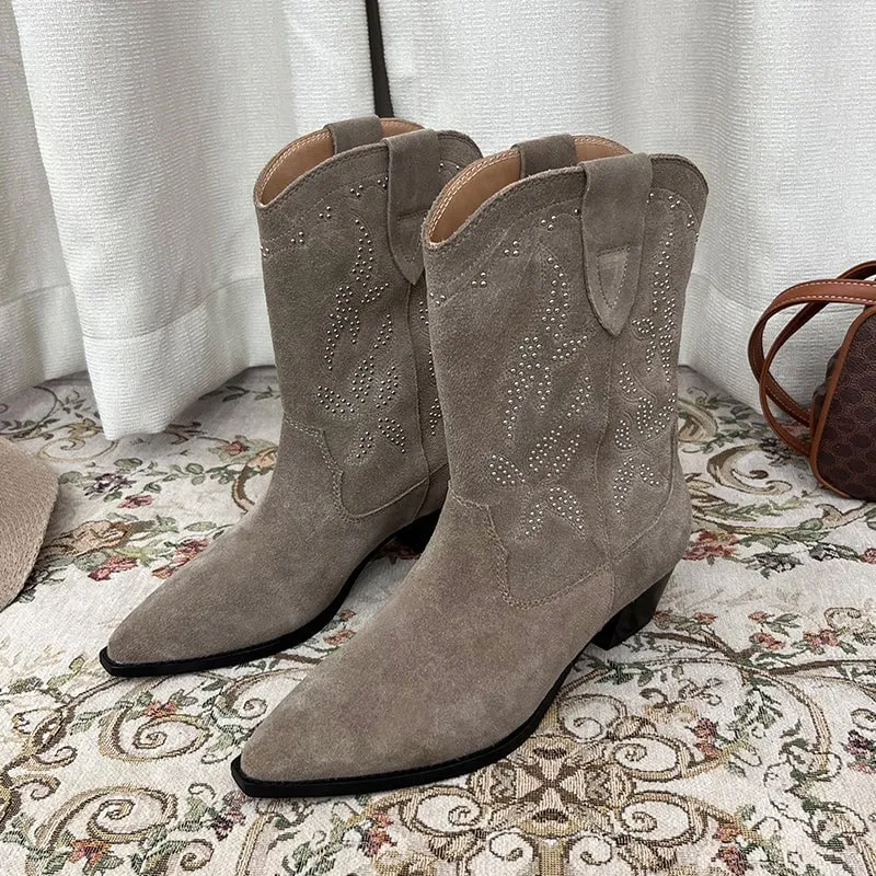 Vintage Suede Leather Womens Embroidered Western Boots Block Heel Short Boots