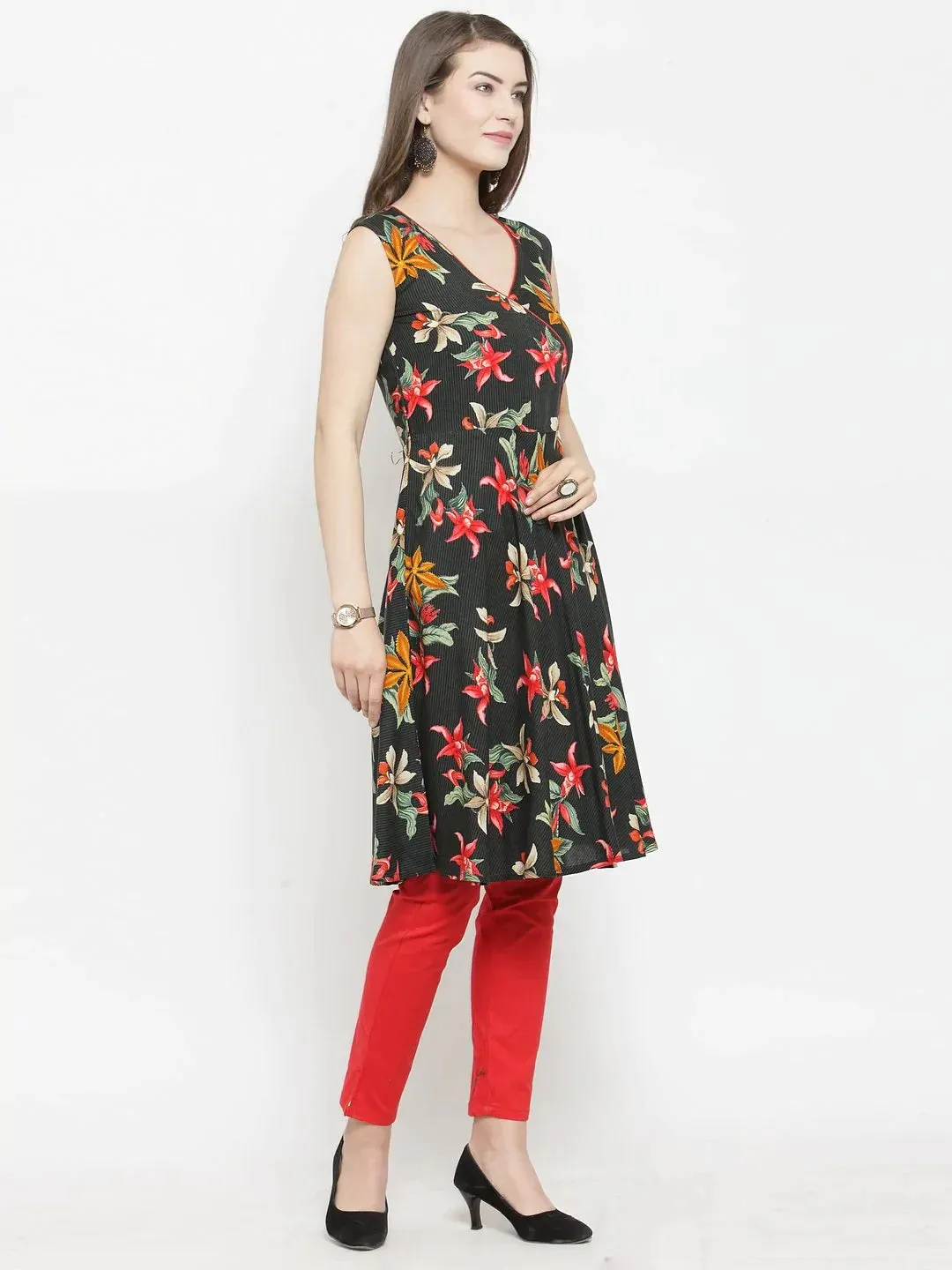 Women Black & Red Floral Printed Rayon A-Line Kurta