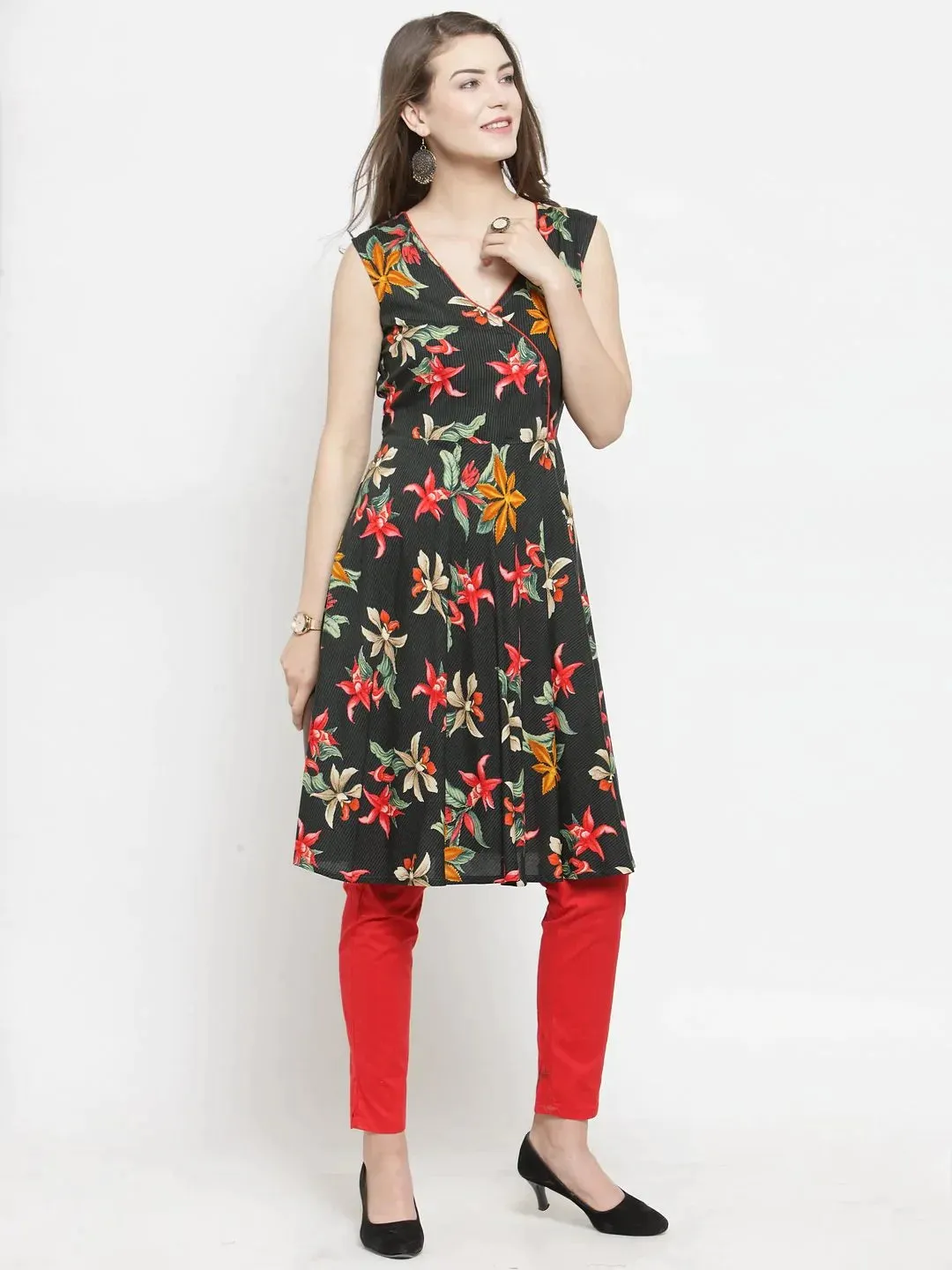 Women Black & Red Floral Printed Rayon A-Line Kurta