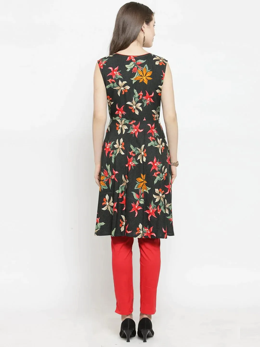 Women Black & Red Floral Printed Rayon A-Line Kurta