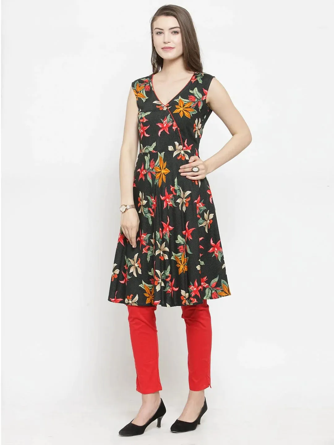 Women Black & Red Floral Printed Rayon A-Line Kurta